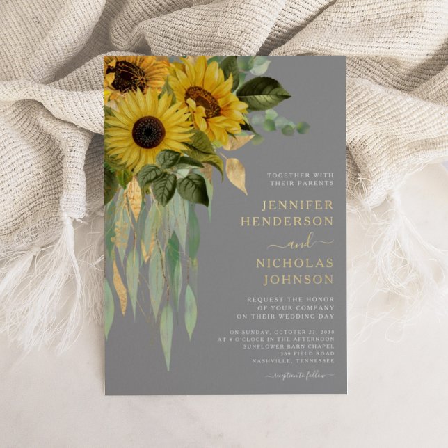 Elegant Gold Gray Floral Wedding Folieneinladung (Elegant Gold Gray Floral Wedding Foil Invitation)