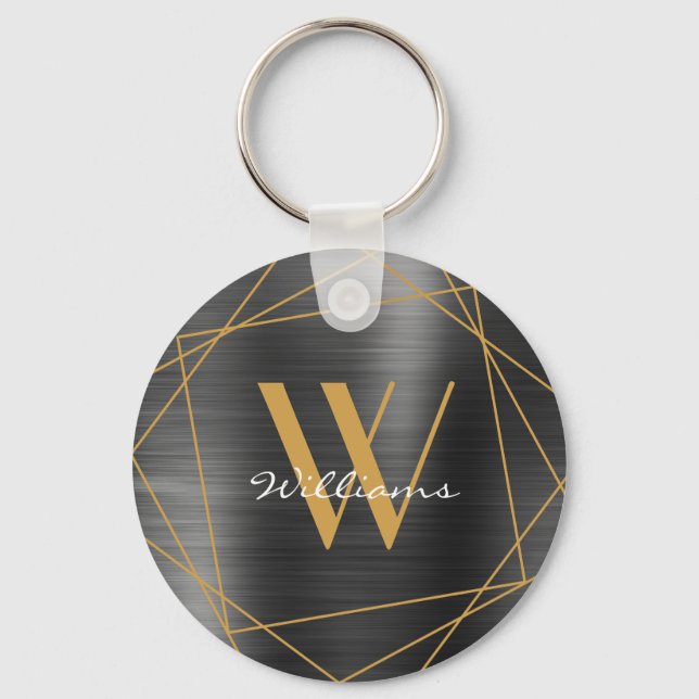 Elegant Gold Gray Monogram Name Script Geometric Schlüsselanhänger (Vorderseite)