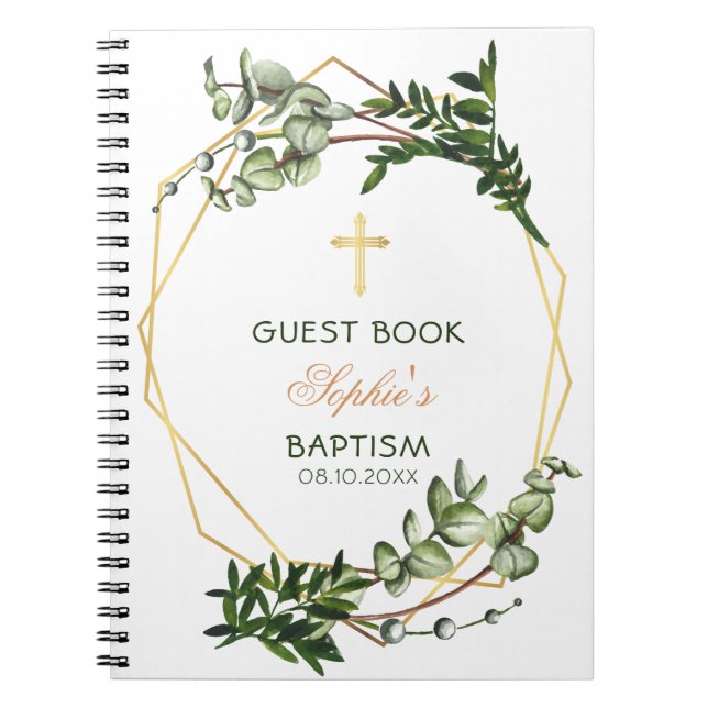 Elégant Gold & Green Botanical Baptism Livre d'inv (Devant)