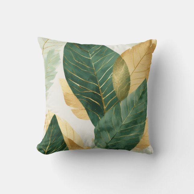 Elegant Gold & Green Botanical Leaves Throw Pillow Kissen (Vorderseite)