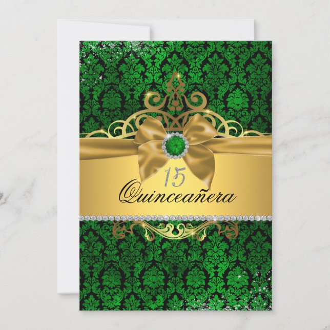 Elegant Gold Green Damask Quinceanera Einladung (Vorderseite)
