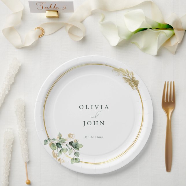 Elegant Gold Green Eucaliptus Wedding Pappteller (Hochzeit)