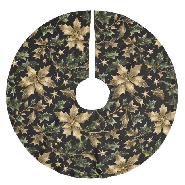 Elegant Gold & Green Foliage Tree Skirt Polyester Weihnachtsbaumdecke (Vorderseite)