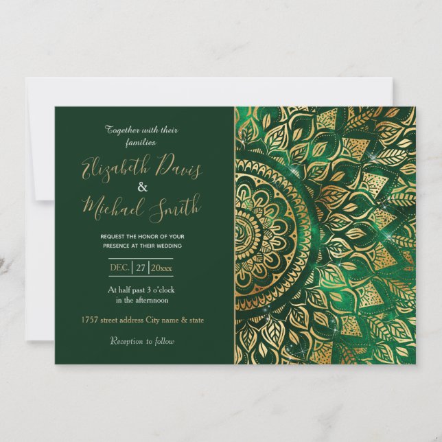 Elegant Gold Green Mandala Floral Einladung (Vorderseite)