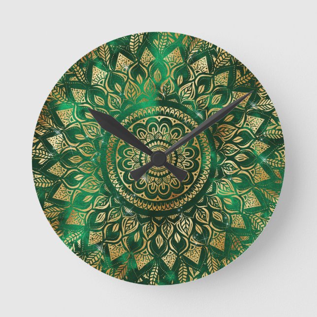 Elegant Gold Green Mandala Floral Runde Wanduhr (Vorderseite)