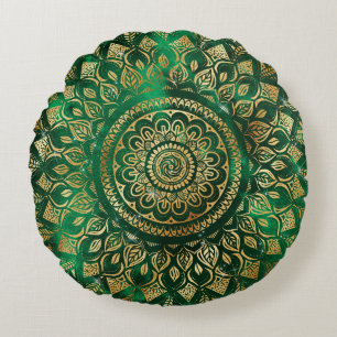 Elegant Gold Green Mandala Floral Rundes Kissen