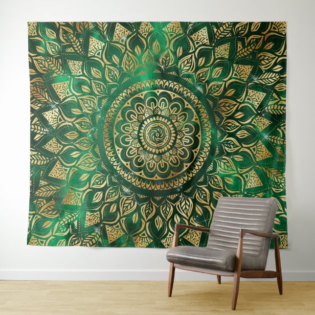 Elegant Gold Green Mandala Floral Wandteppich (Beispiel (Horizontal))