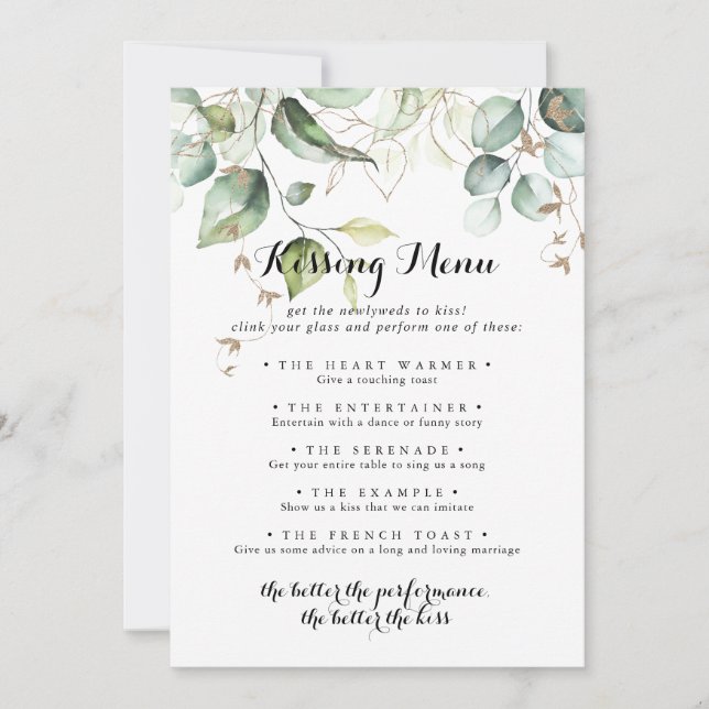 Elégant Gold Green Mariage Kissing Menu Jeu (Devant)