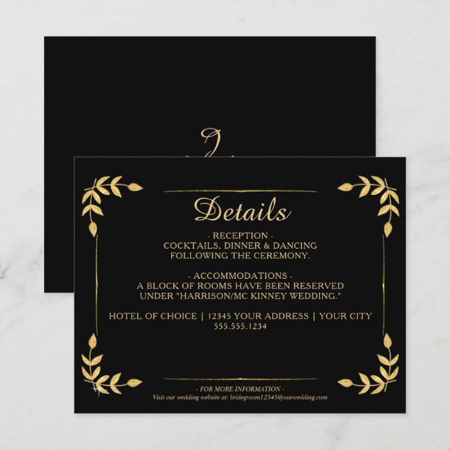 Elegant Gold Greenerity Black Wedding Details Einladung (Vorne/Hinten)