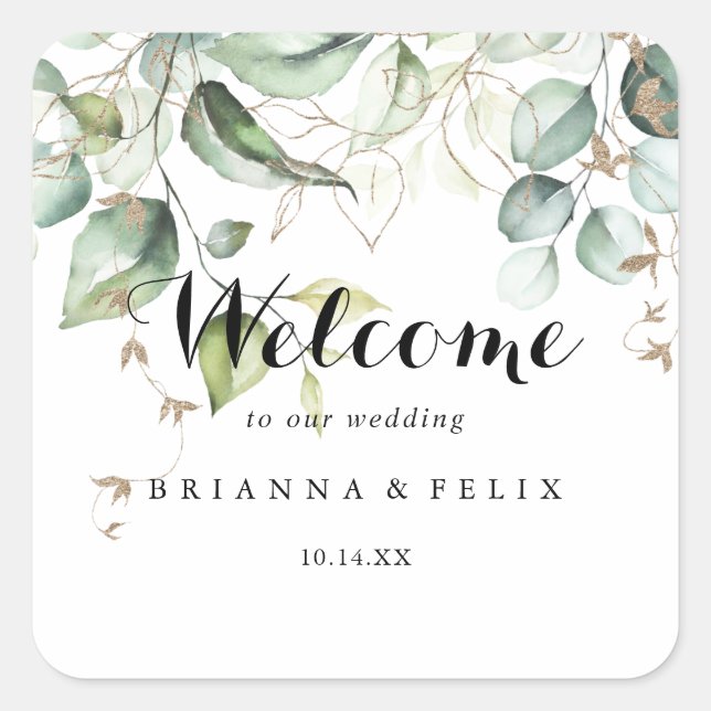 Elegant Gold Greenery Calligraphy Wedding Willkomm Quadratischer Aufkleber (Vorderseite)