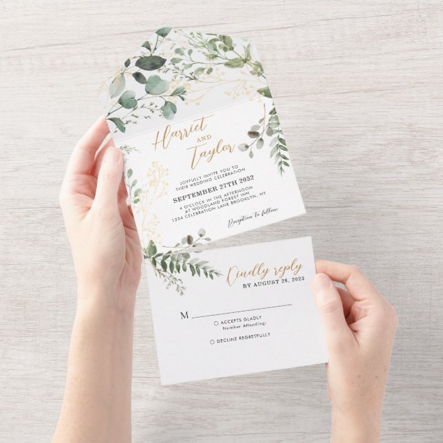 Elegant Gold Greenery Eucalyptus Monogram Wedding All In One Einladung (Abreißen)