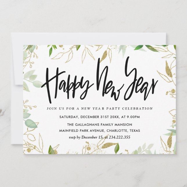 Elegant Gold Greenery Happy New Year Script Einladung (Vorderseite)