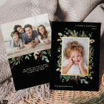 Elegant Gold Greenery | Schwarz mit zwei Fotos Folien Feiertagskarte<br><div class="desc">Diese wunderschönen Urlaubsfotos sagen "Die Grüße der Jahreszeit" in modernem Text und beinhalten zwei Ihrer beliebtesten persönlichen Fotos. Elegantes,  modernes Aquarell mit Blätter,  roten Beeren und einem goldenen Rahmen aus der Mitte verzieren einen dunklen,  schwarzen Hintergrund. Auf der Rückseite ist ein Raum für eine kurze persönliche Nachricht.</div>