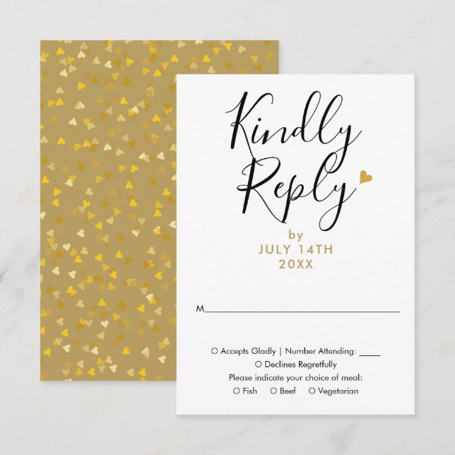 Elegant Gold Heart Chic Script Wedding RSVP Karte (Vorne/Hinten)