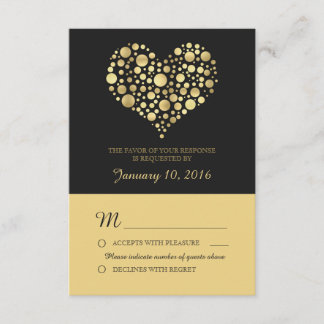 Elegant Gold Heart Dusty Black Wedding RSVP Karte