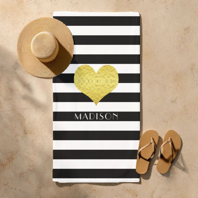 Elegant Gold Heart Name Black and White Stripes Strandtuch (Elegant Gold Heart Name Black And White Stripes Beach Towel)