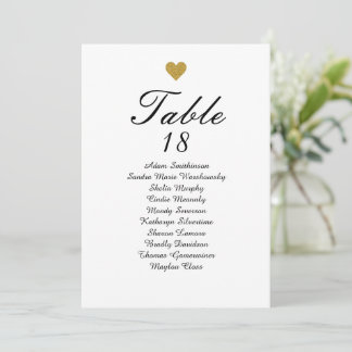 Elégant Gold Heart Numéro de table Seigneurs Carte