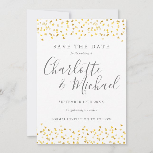 Elegant Gold Hearts Confetti Signature Script Save The Date (Vorderseite)