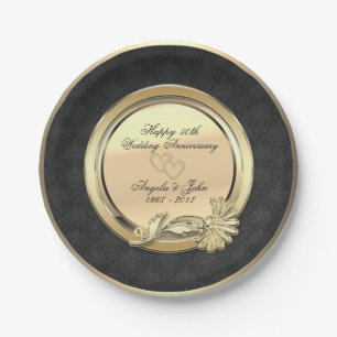 Elegant Gold Hearts Damask 50. Wedding Anniversar Pappteller