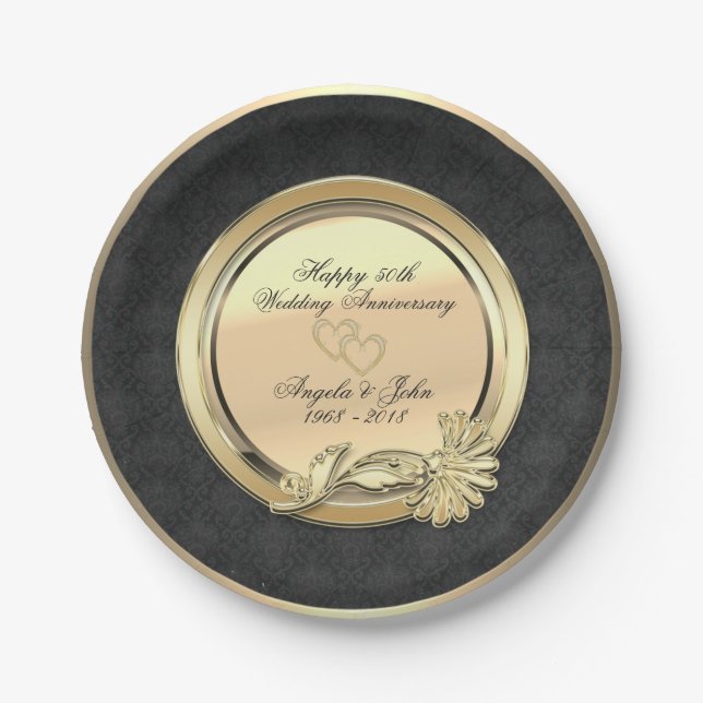 Elegant Gold Hearts Damask 50. Wedding Anniversar Pappteller (Vorderseite)