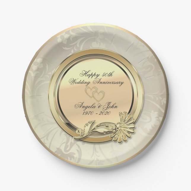 Elegant Gold Hearts Floral 50. Wedding Anniversar Pappteller (Vorderseite)