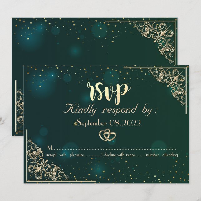 Elegant Gold Hearts Frame Green Wedding RSVP Einladung (Vorne/Hinten)