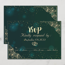 Elegant Gold Hearts Frame Green Wedding RSVP Einladung