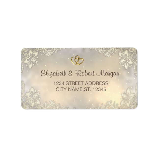 Elegant Gold Hearts Lace Wedding Adressaufkleber (Vorne)