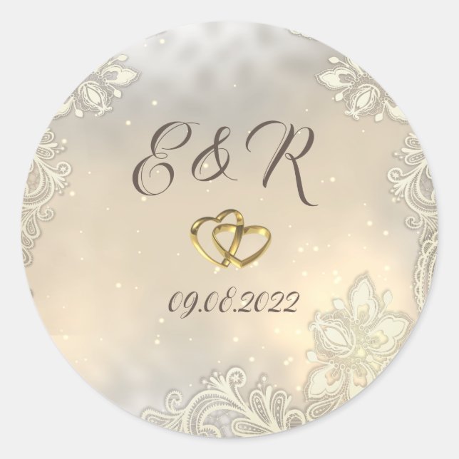 Elegant Gold Hearts Lace Wedding Runder Aufkleber (Vorderseite)
