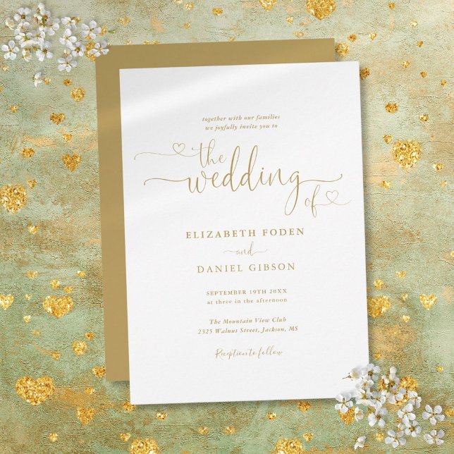 Elegant Gold Hearts Script Calligrafy Wedding Einladung (Elegant Gold Hearts Script Calligraphy Wedding Invitation)