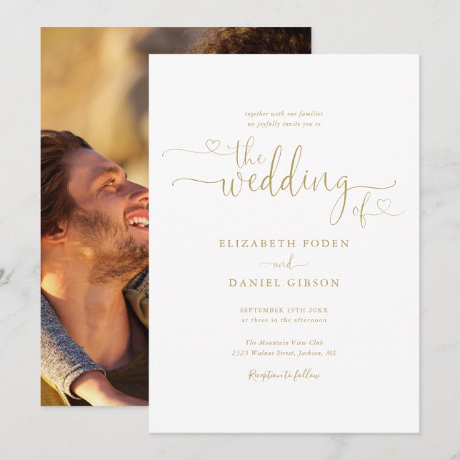 Elegant Gold Hearts Script Foto Hochzeit Einladung (Vorne/Hinten)