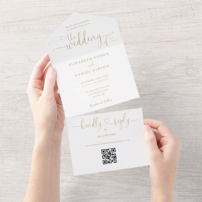Elegant Gold Hearts Script QR Code Hochzeit All In One Einladung (Abreißen)