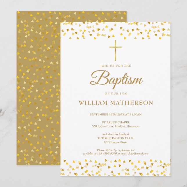 Elegant Gold Hearts Taufe Christening  Einladung (Vorne/Hinten)