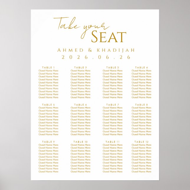 Elegant Gold Islamic Wedding Seating Chart Poster (Devant)