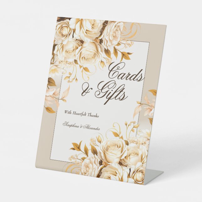 Elegant Gold Ivory Floral Wedding Gifts Tabletop Sockelschild (Vorderseite)