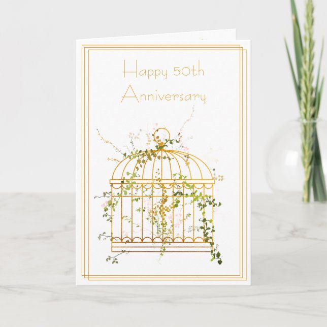 Elegant Gold Ivy and Bird Cage 50 Jahre alt Karte (Vorderseite)