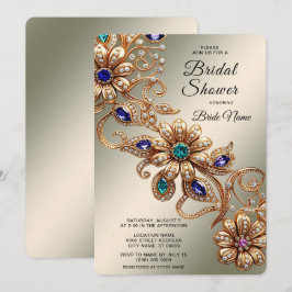 Elegant Gold Jewel Flowers Bridal Shower Einladung