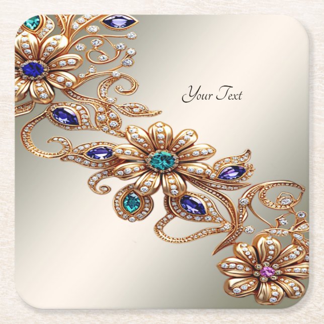 Elegant Gold Jewel Flowers Paper Coaster Rechteckiger Pappuntersetzer (Vorderseite)