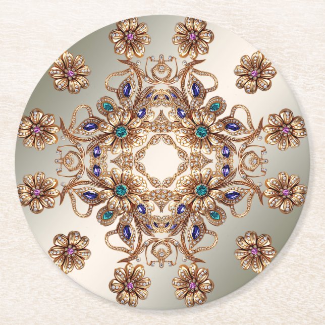 Elegant Gold Jewel Flowers Paper Coaster Runder Pappuntersetzer (Vorderseite)