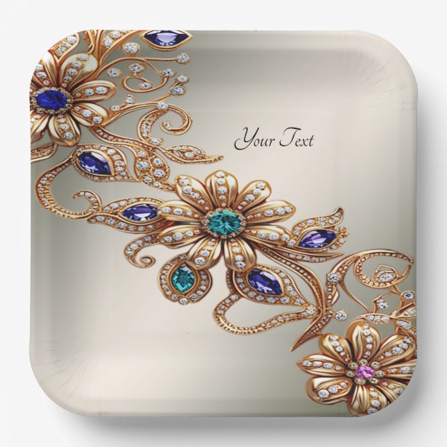 Elegant Gold Jewel Flowers Paper Plate Pappteller (Vorderseite)