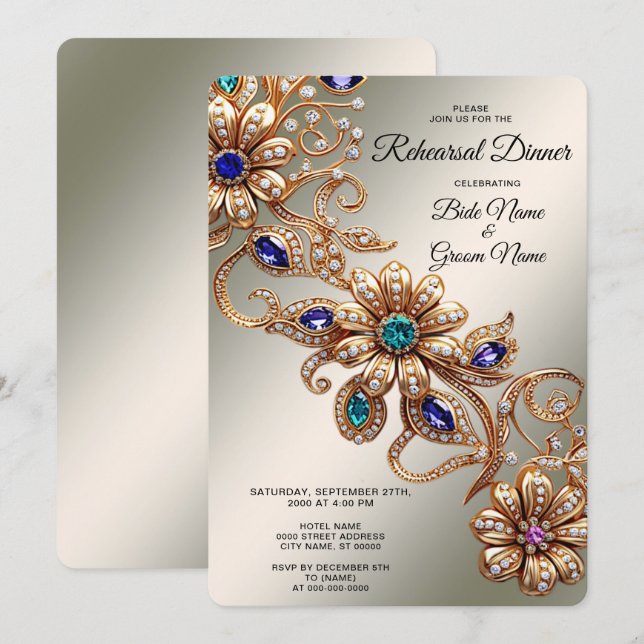 Elegant Gold Jewel Flowers Rehearsal Dinner Einladung (Vorne/Hinten)