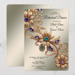 Elegant Gold Jewel Flowers Rehearsal Dinner Einladung
