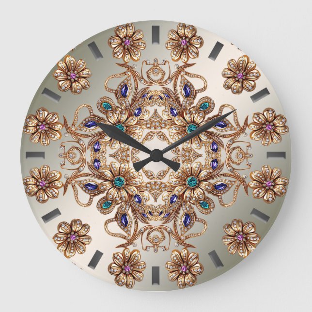 Elegant Gold Jewel Flowers Wall Clock Große Wanduhr (Vorderseite)