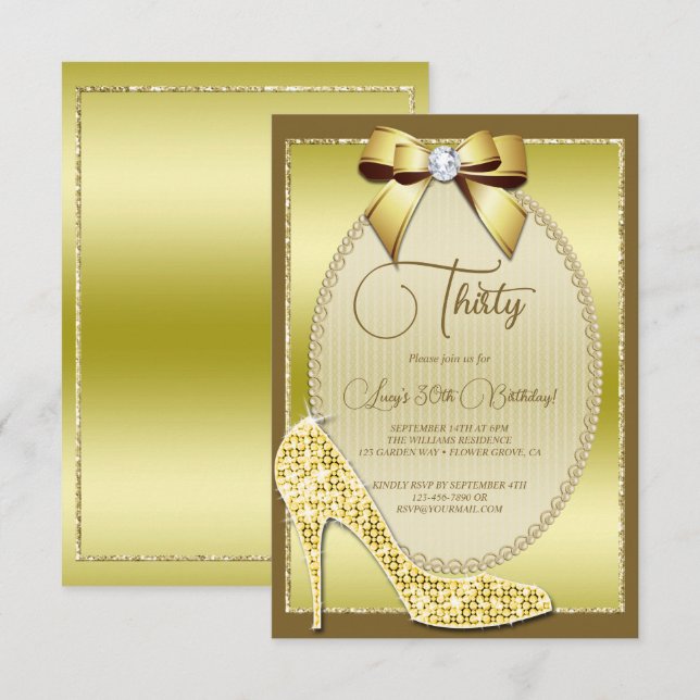 Elegant Gold Jeweld Bow & Stiletto Birthday Einladung (Vorne/Hinten)