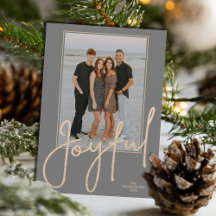 Elegant Gold JOYFUL Script on Grey Photo Christmas