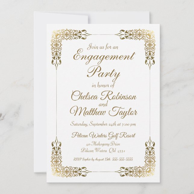 Elegant Gold Lace Engagement partie Invitation (Devant)