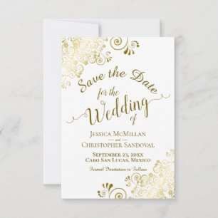 Elegant Gold Lace Filigree auf der White Wedding Save The Date