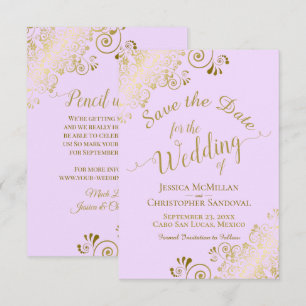Elegant Gold Lace Filigree auf Lilac Lila Wedding Save The Date