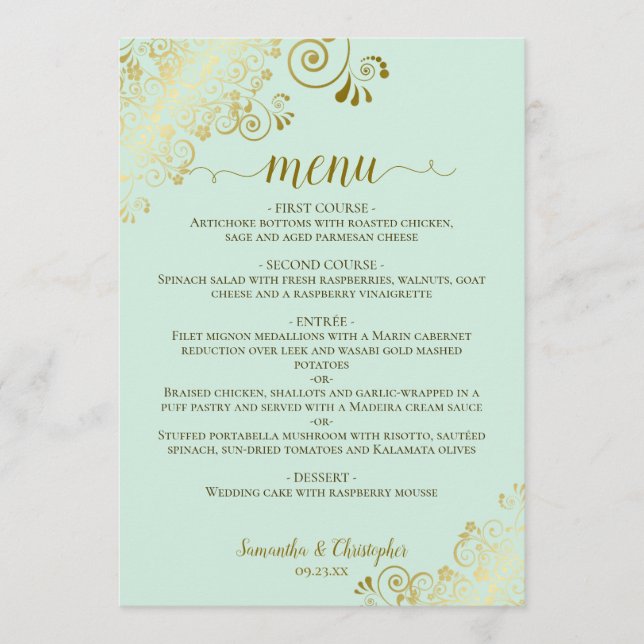 Elegant Gold Lace Frills on Mint Green Wedding Menükarte (Vorderseite)
