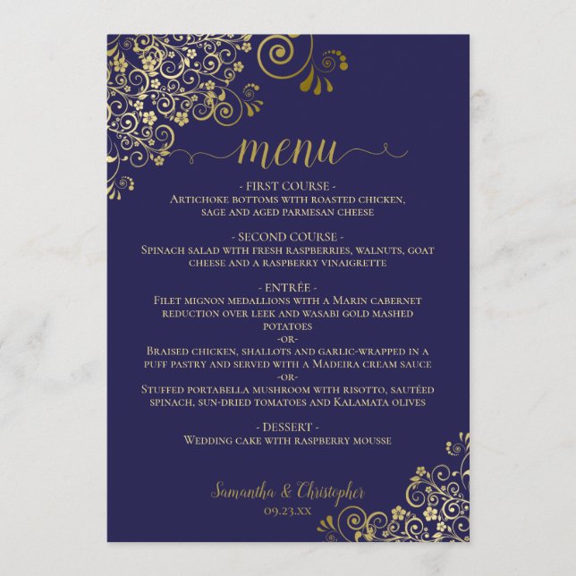 Elegant Gold Lace Frills on Navy Blue Wedding Menükarte (Vorderseite)